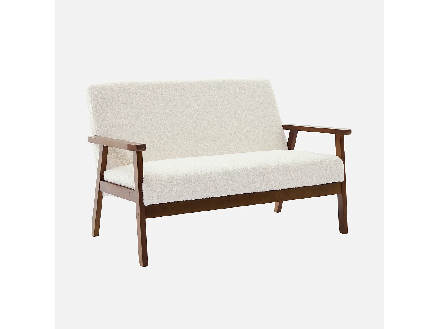 Divanetto tessuto bouclé con gambe tinto noce chiaro a 2 posti, crema