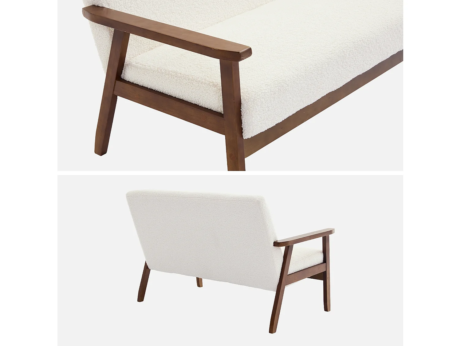 Divanetto tessuto bouclé con gambe tinto noce chiaro a 2 posti, crema