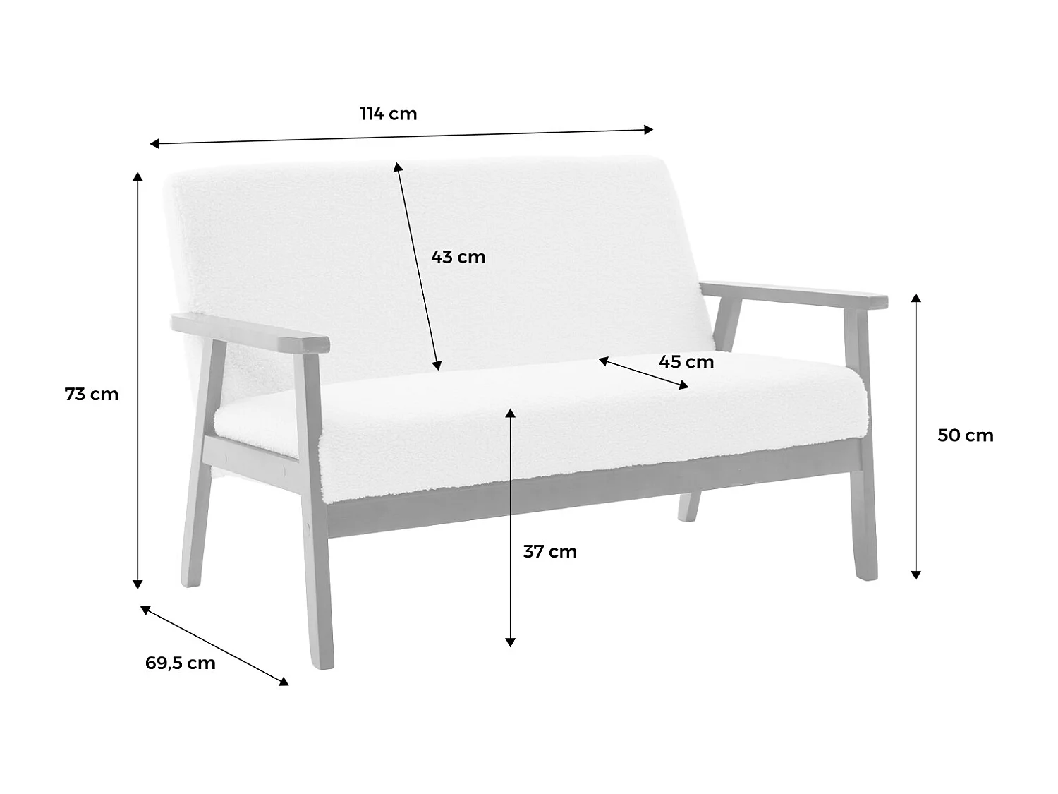 Divanetto tessuto bouclé con gambe tinto noce chiaro a 2 posti, crema