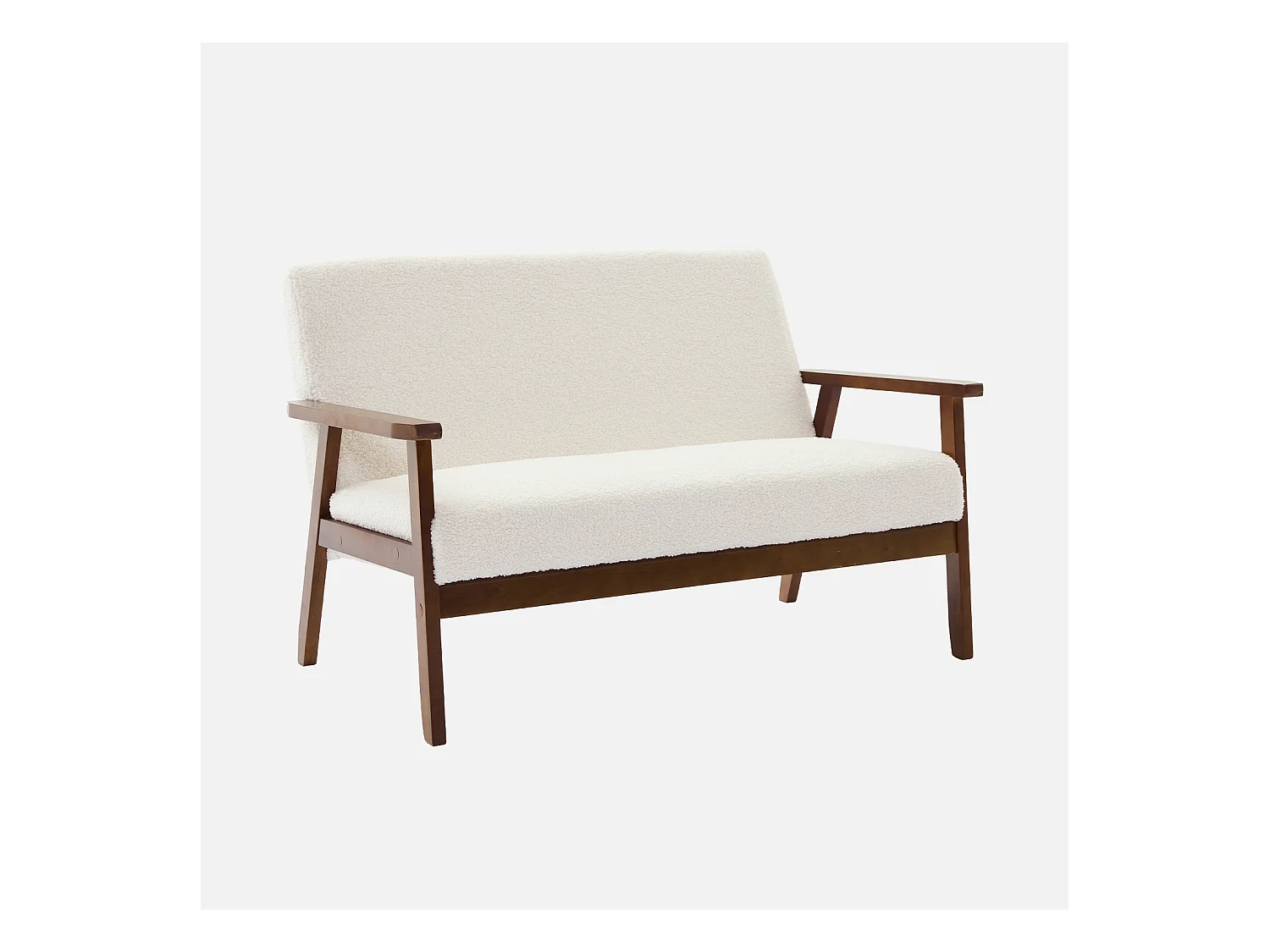 Banquette canapé 2 places en bois teinté noyer clair et tissu bouclette. Isak. L 114 x P 69.5 x H 73cm