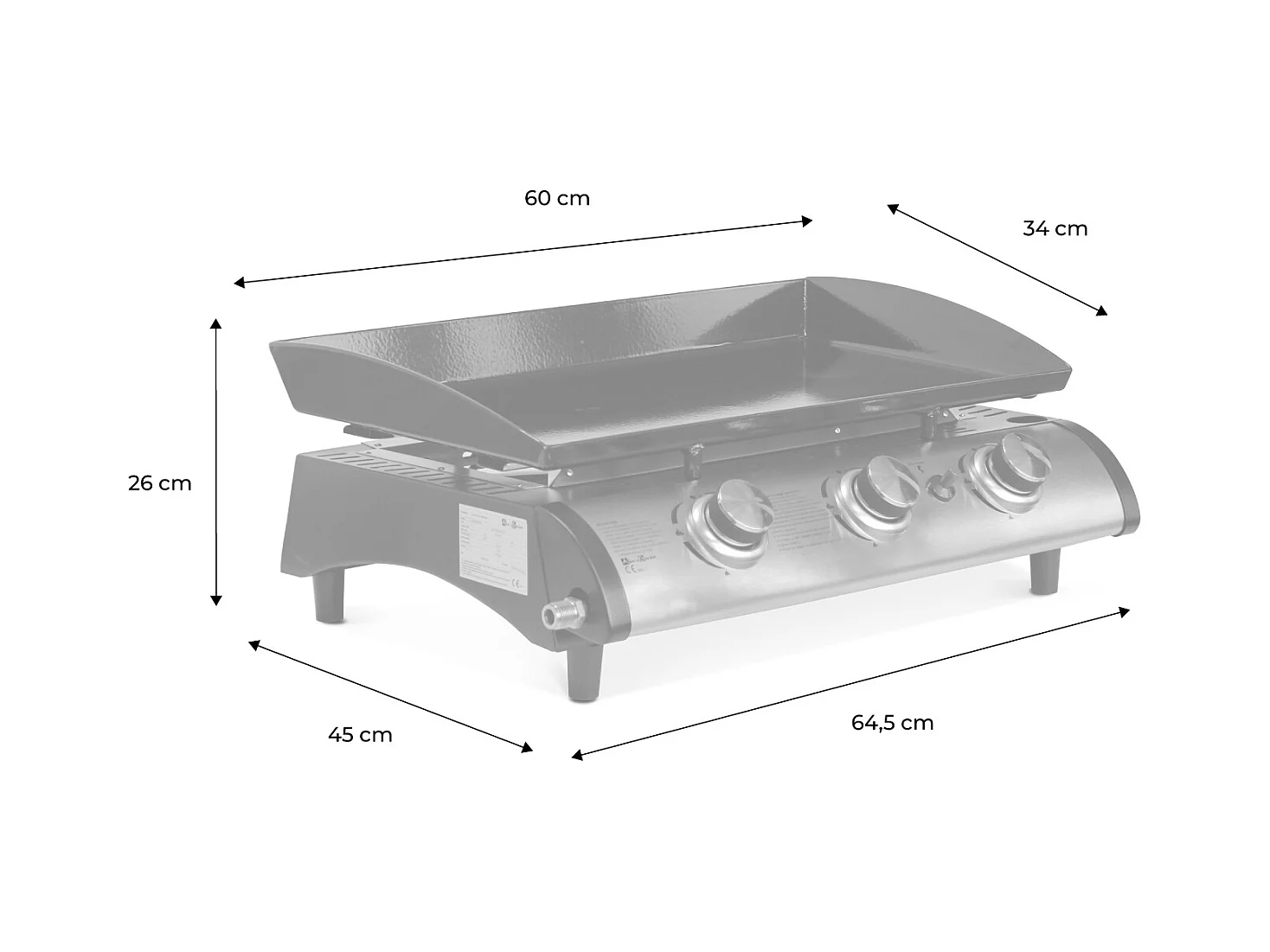 Plancha de gas con 3 quemadores de acero inoxidable, 7.5kw negro