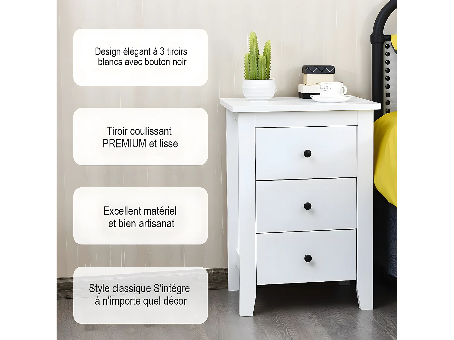 Table de Nuit, Table de Chevet Moderne avec 3 Tiroirs, Pour Chambre à Coucher, 46 x 37 x 65 CM