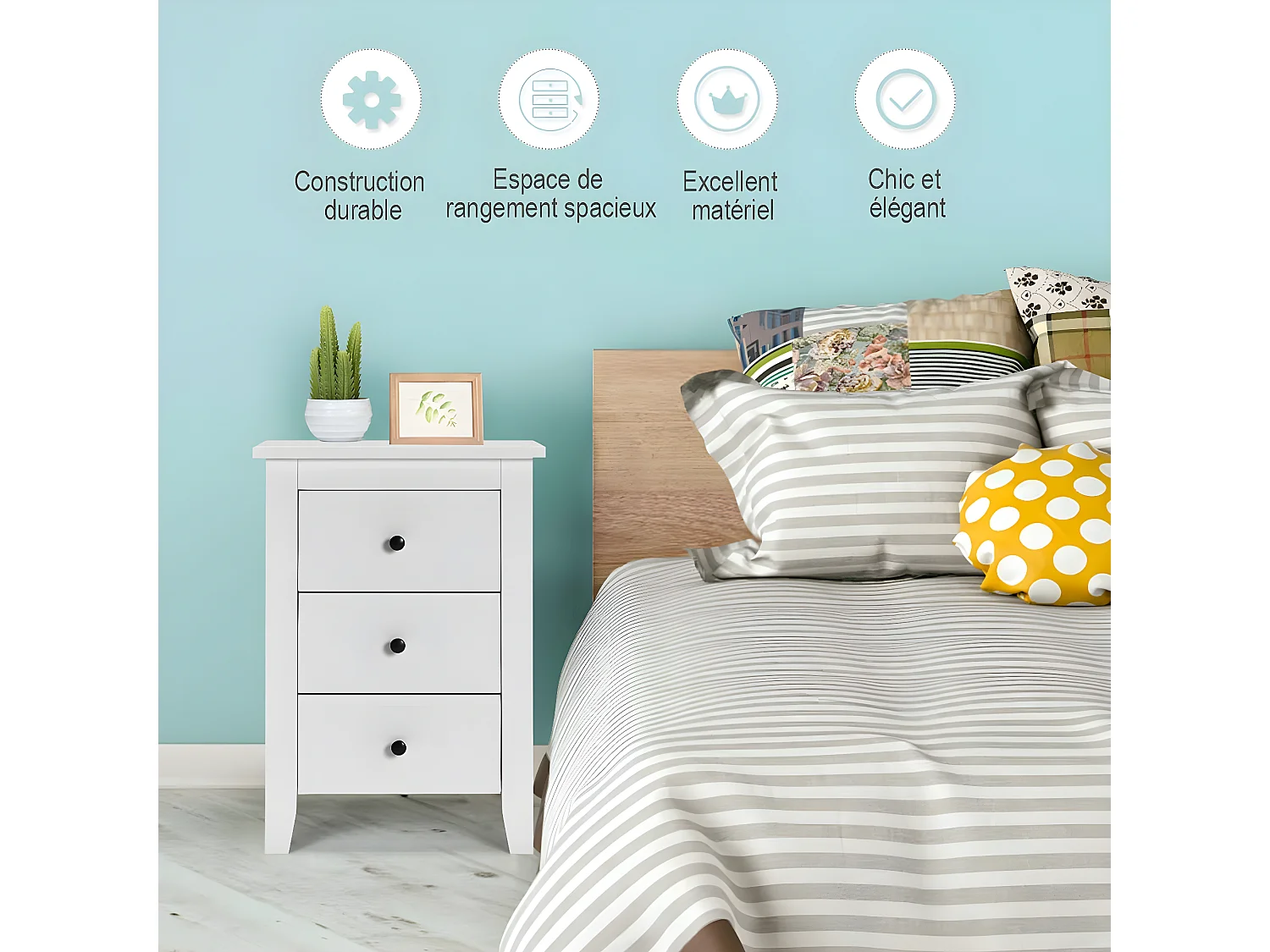 Table de Nuit, Table de Chevet Moderne avec 3 Tiroirs, Pour Chambre à Coucher, 46 x 37 x 65 CM