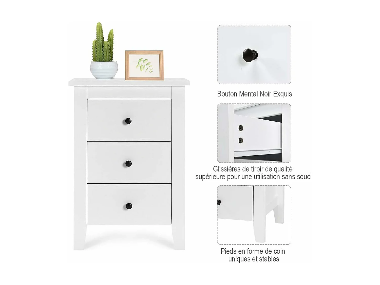 Table de Nuit, Table de Chevet Moderne avec 3 Tiroirs, Pour Chambre à Coucher, 46 x 37 x 65 CM