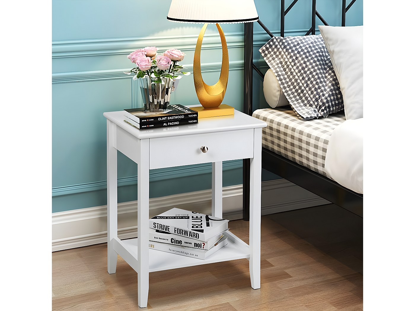 Table De Chevet Mobile Sur Roulettes, Réglable En Hauteur, Blanc, Multifonction, Neuve