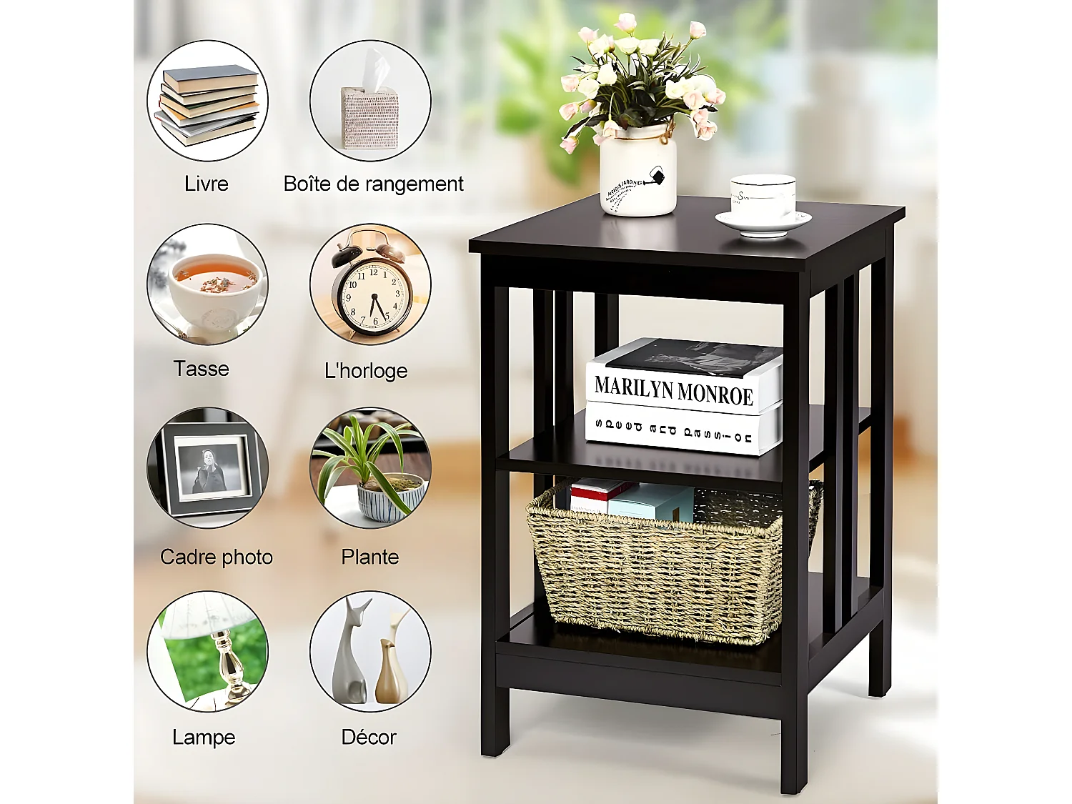 Table de Chevet à 3 Niveaux, Table d'Appoint Simple et Contemporain, pour Chambre, Salon 40x40x61CM Brun