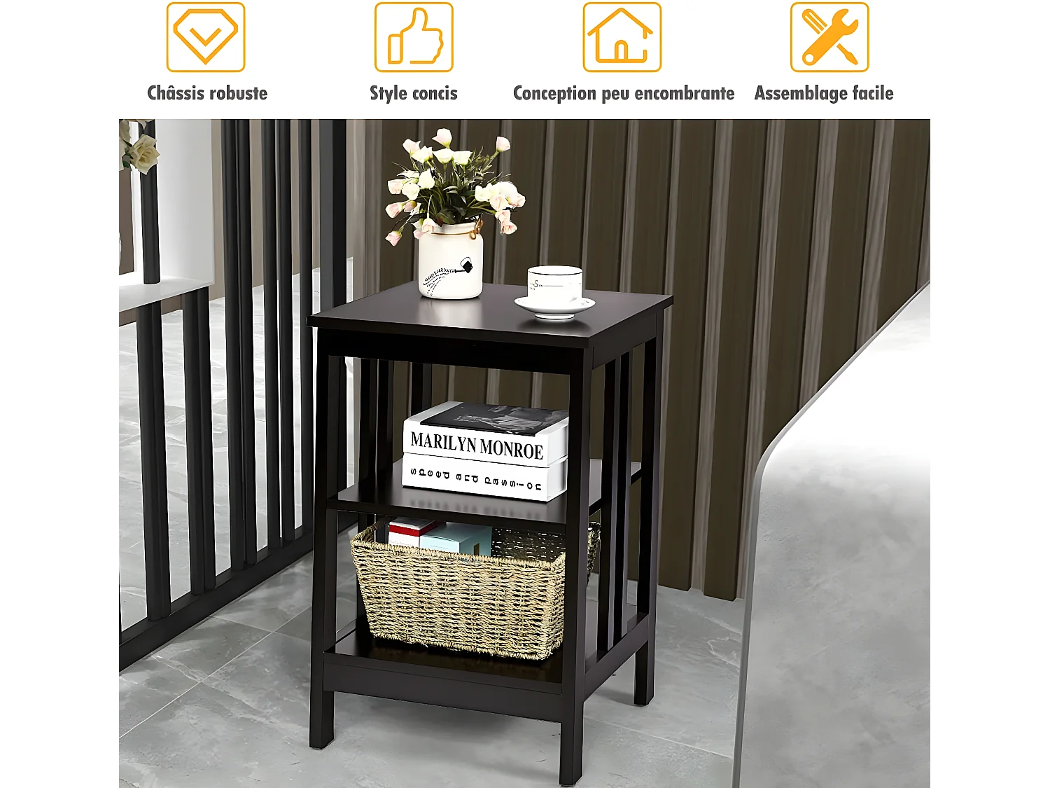 Table de Chevet à 3 Niveaux, Table d'Appoint Simple et Contemporain, pour Chambre, Salon 40x40x61CM Brun