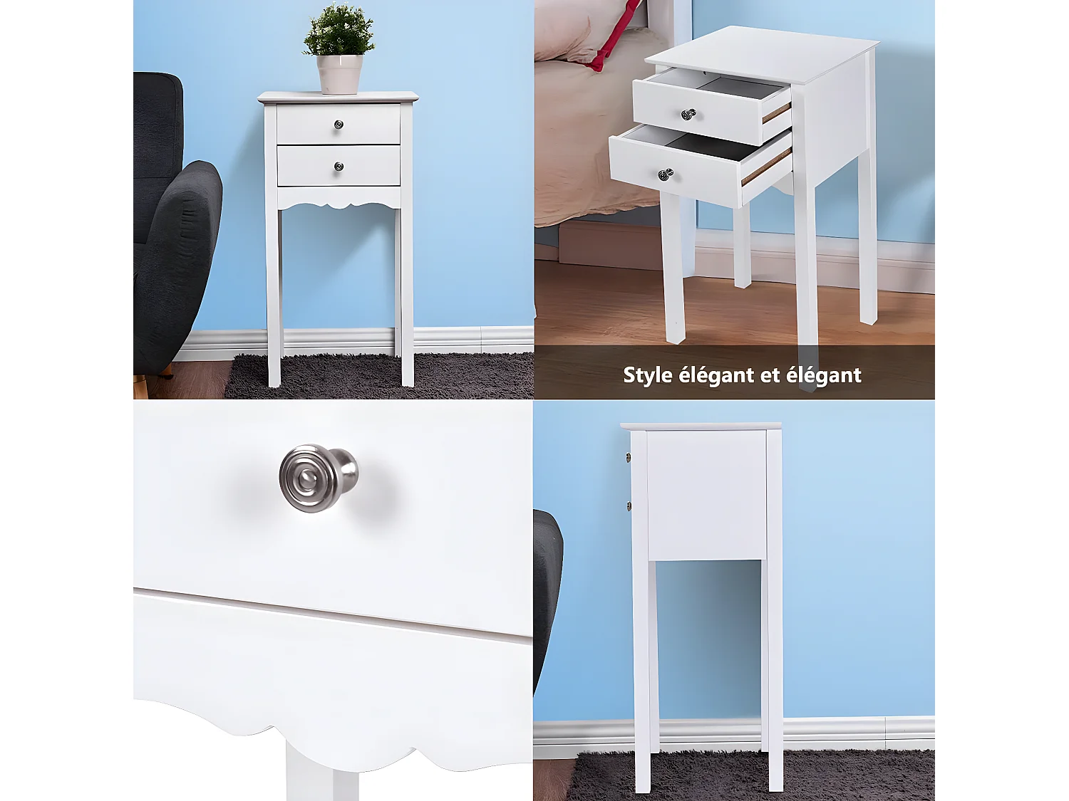 Table de Chevet avec 2 Tiroirs et Dispositif Anti-basculement, 40 x 32 x 75 cm, pour Chambre/Salon/Entrée/Couloir, Blanc