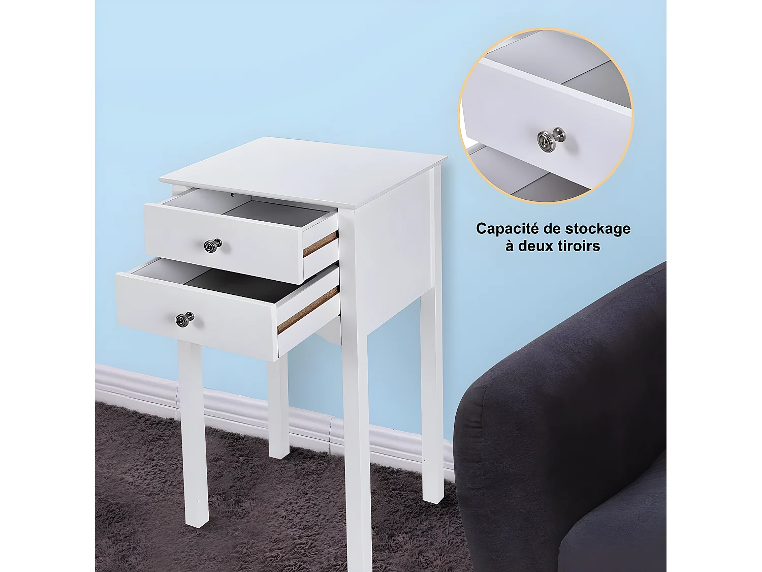 Table de Chevet avec 2 Tiroirs et Dispositif Anti-basculement, 40 x 32 x 75 cm, pour Chambre/Salon/Entrée/Couloir, Blanc