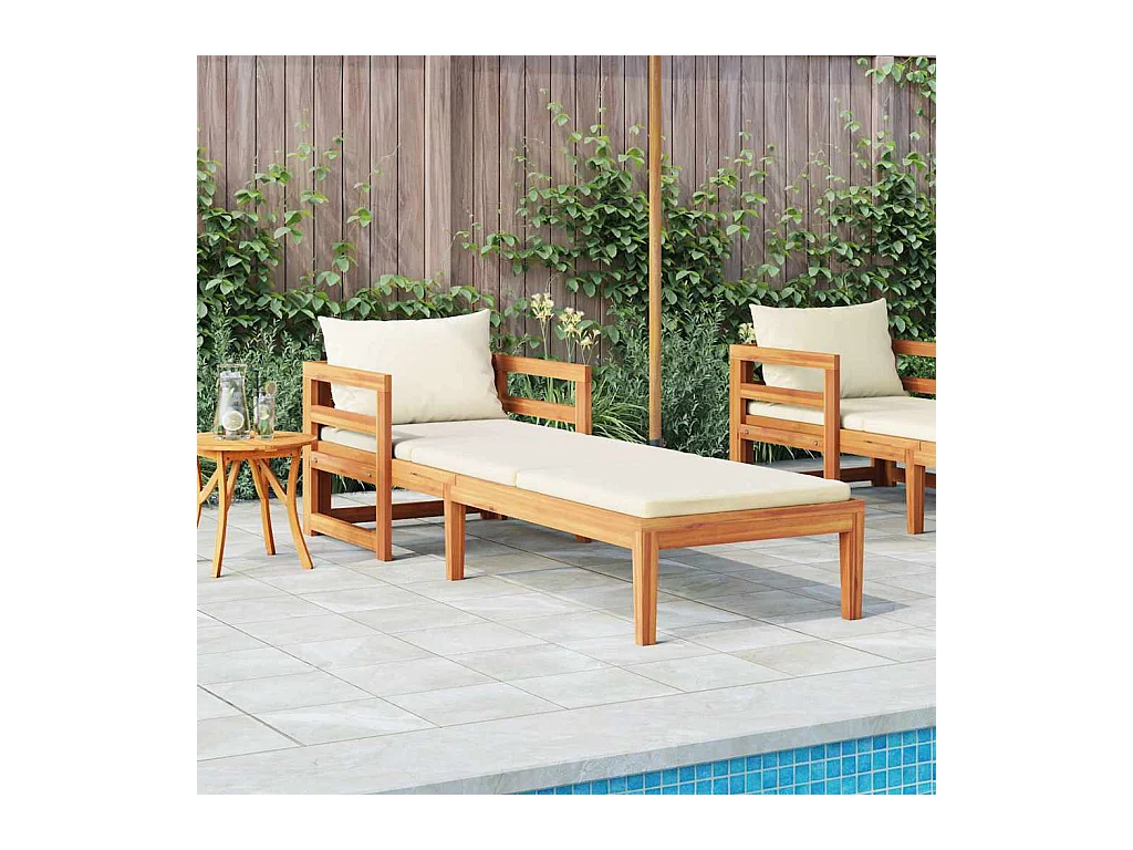 Chaise longue avec coussins blanc crème Bois d'acacia solide