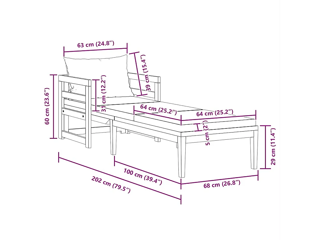 Chaise longue avec coussins blanc crème Bois d'acacia solide