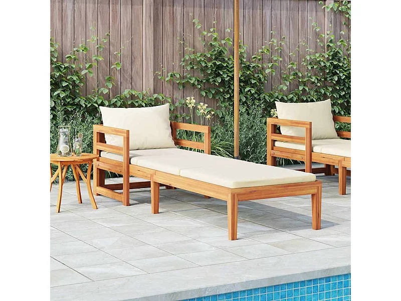 Chaise longue avec coussins blanc crème Bois d'acacia solide