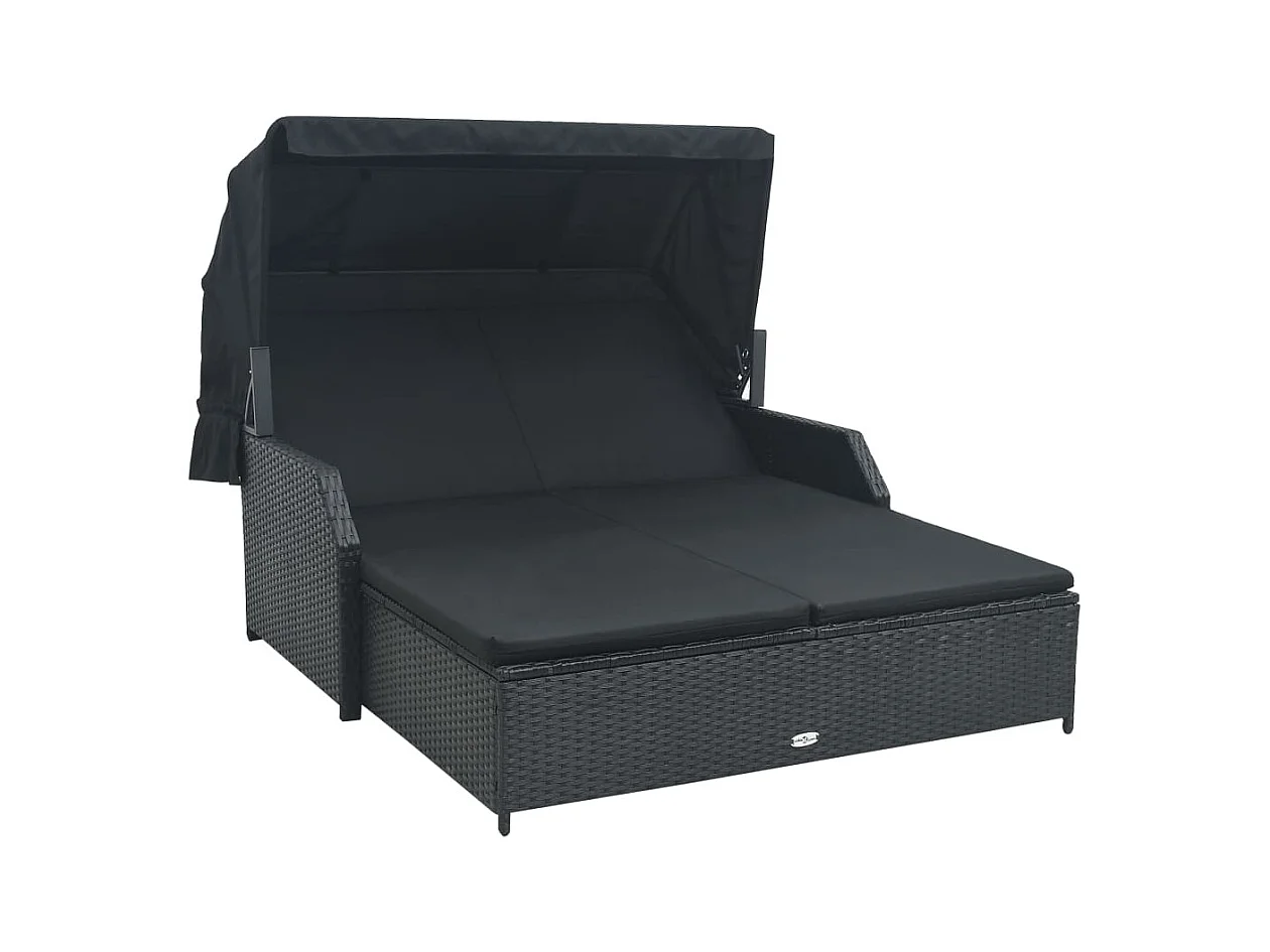Chaise longue à 2 places avec auvent Résine tressée Noir