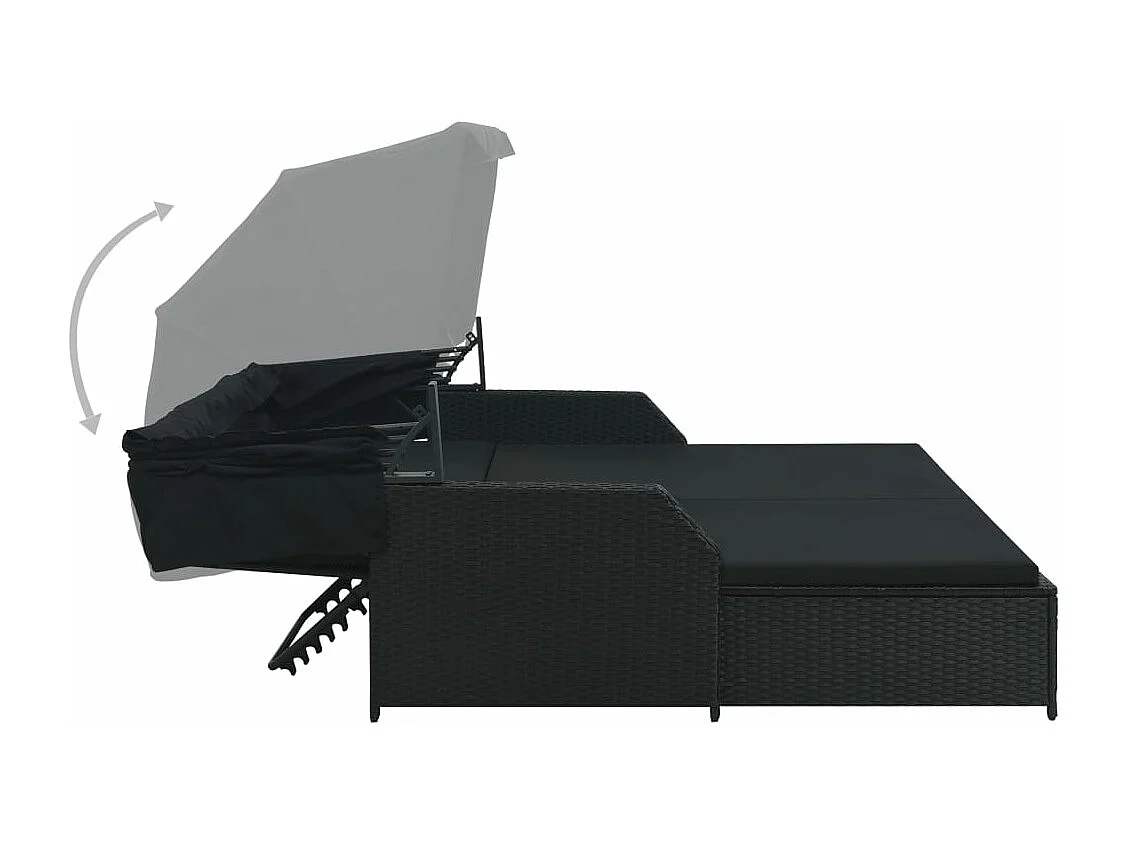 Chaise longue à 2 places avec auvent Résine tressée Noir