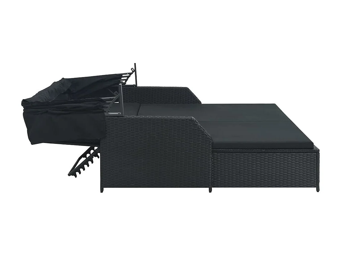 Chaise longue à 2 places avec auvent Résine tressée Noir