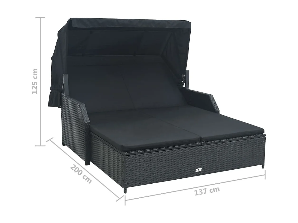 Chaise longue à 2 places avec auvent Résine tressée Noir