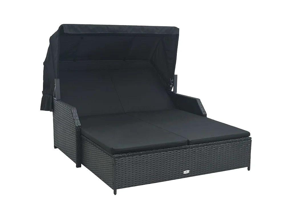 Chaise longue à 2 places avec auvent Résine tressée Noir