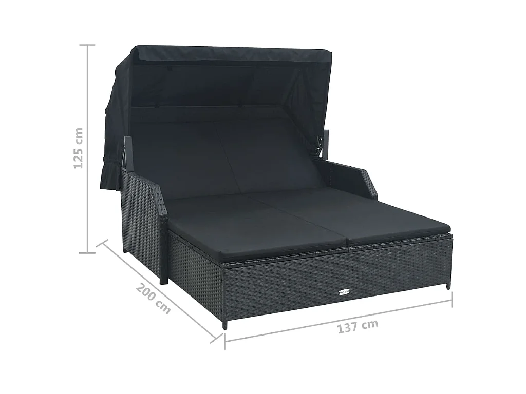 Chaise longue à 2 places avec auvent Résine tressée Noir
