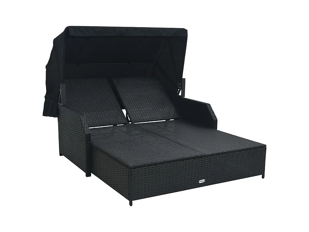 Chaise longue à 2 places avec auvent Résine tressée Noir