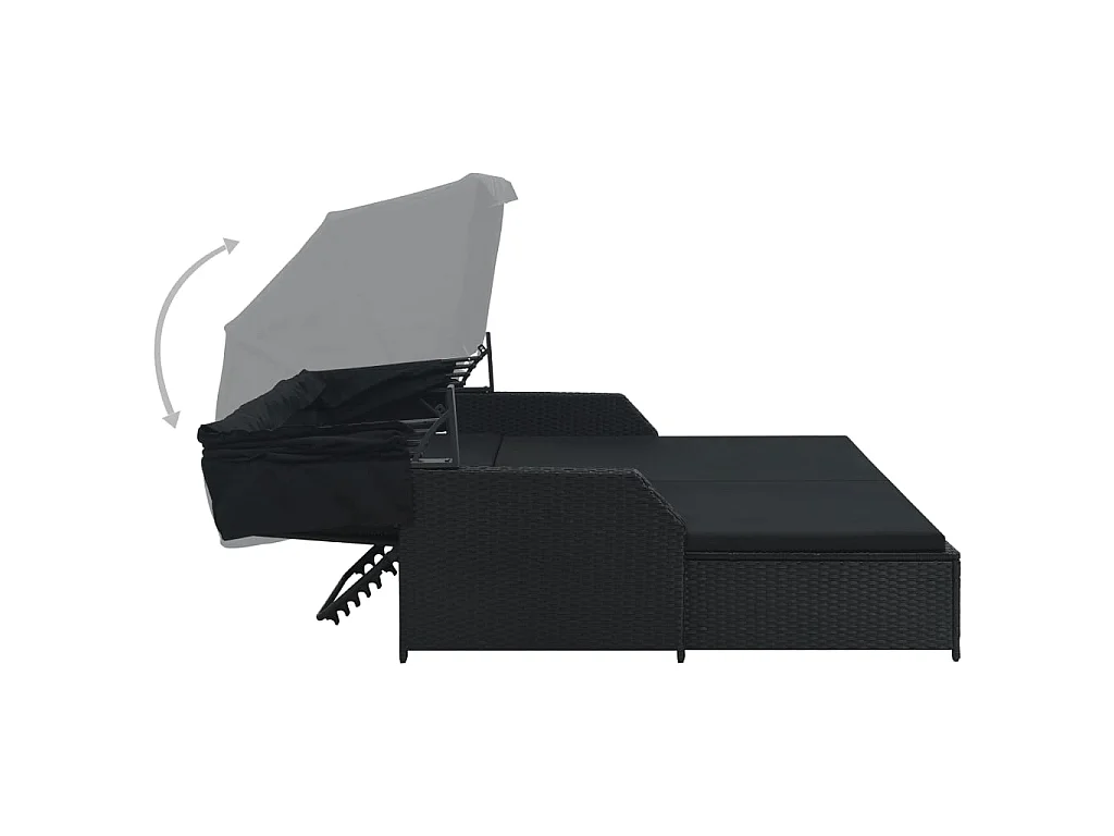 Chaise longue à 2 places avec auvent Résine tressée Noir
