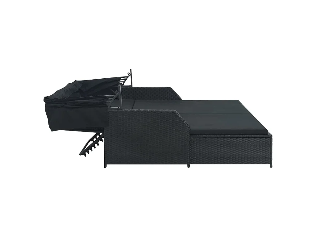 Chaise longue à 2 places avec auvent Résine tressée Noir