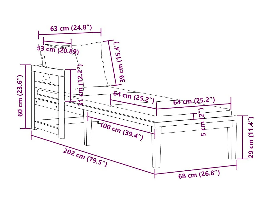 Chaise longue avec 1 accoudoir Gris foncé Bois d'acacia solide