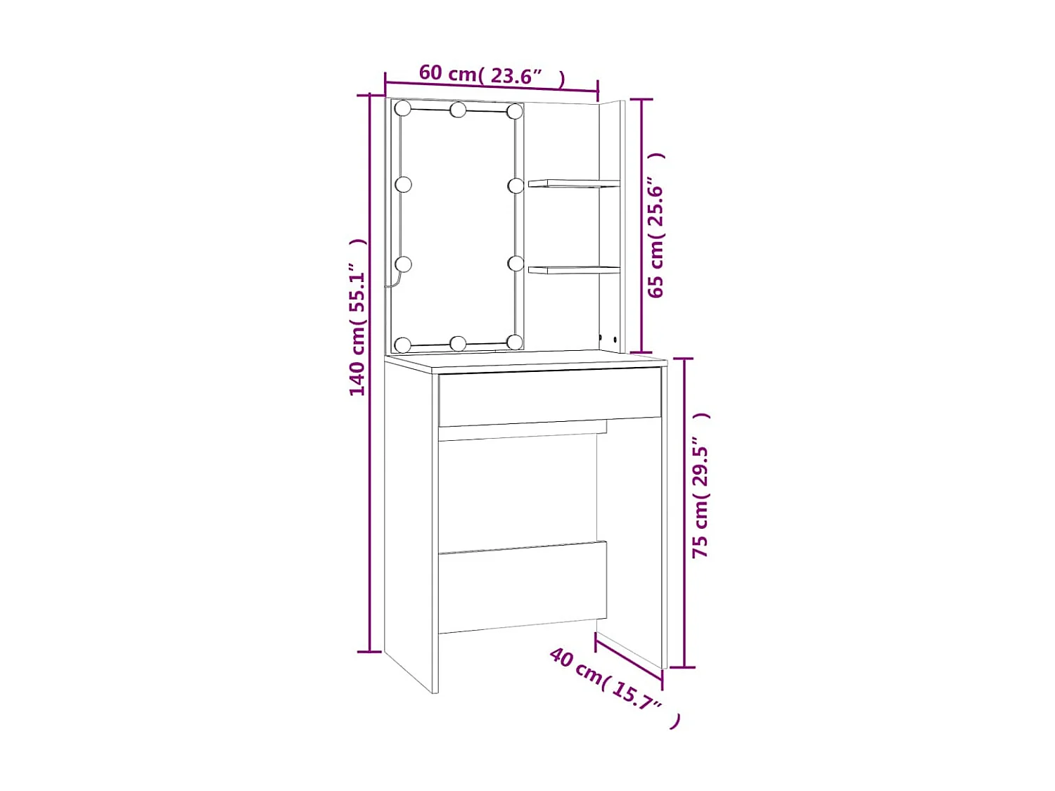 Toucador com luzes LED 60x40x140 cm preto