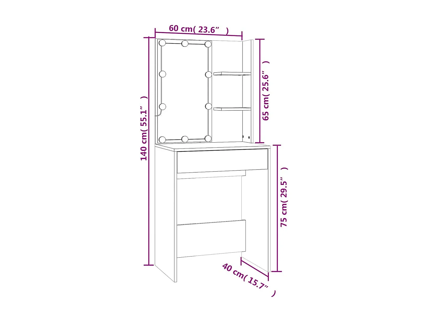 Schminktisch mit LED Hochglanz-Weiß 60x40x140 cm