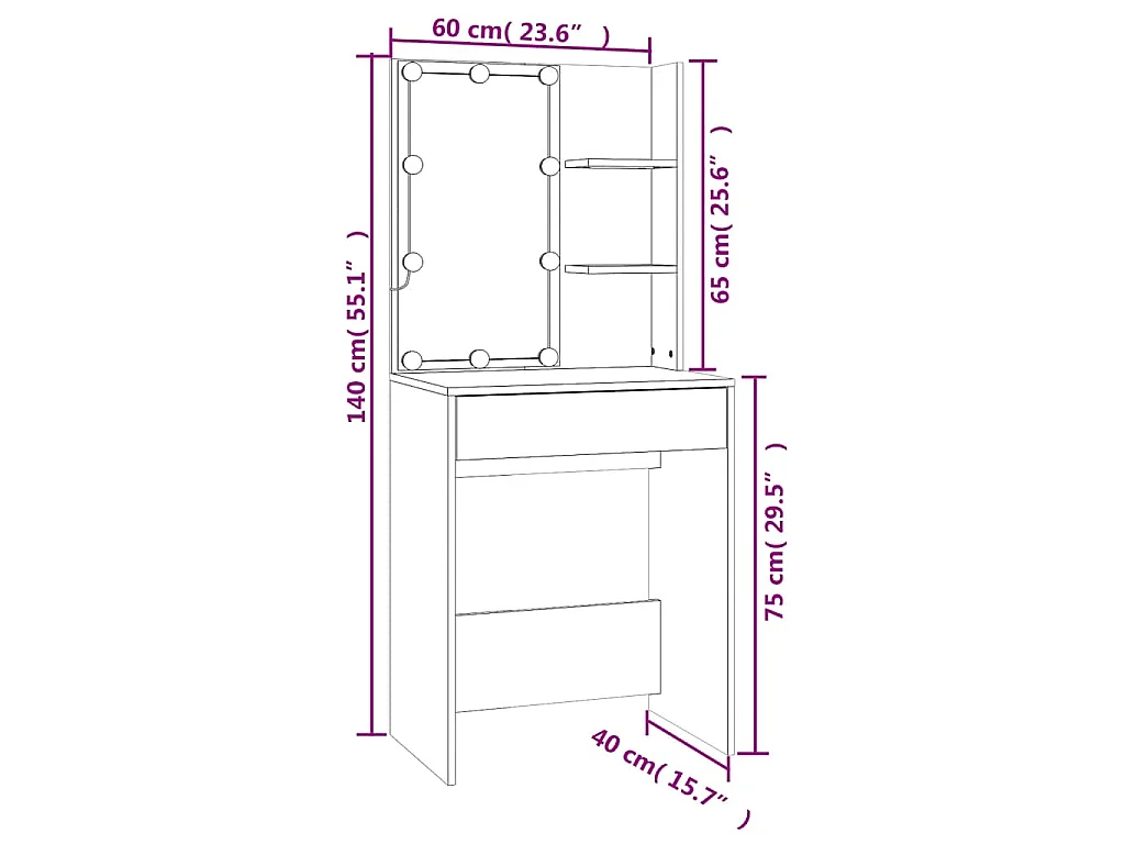 Schminktisch mit LED Betongrau 60x40x140 cm
