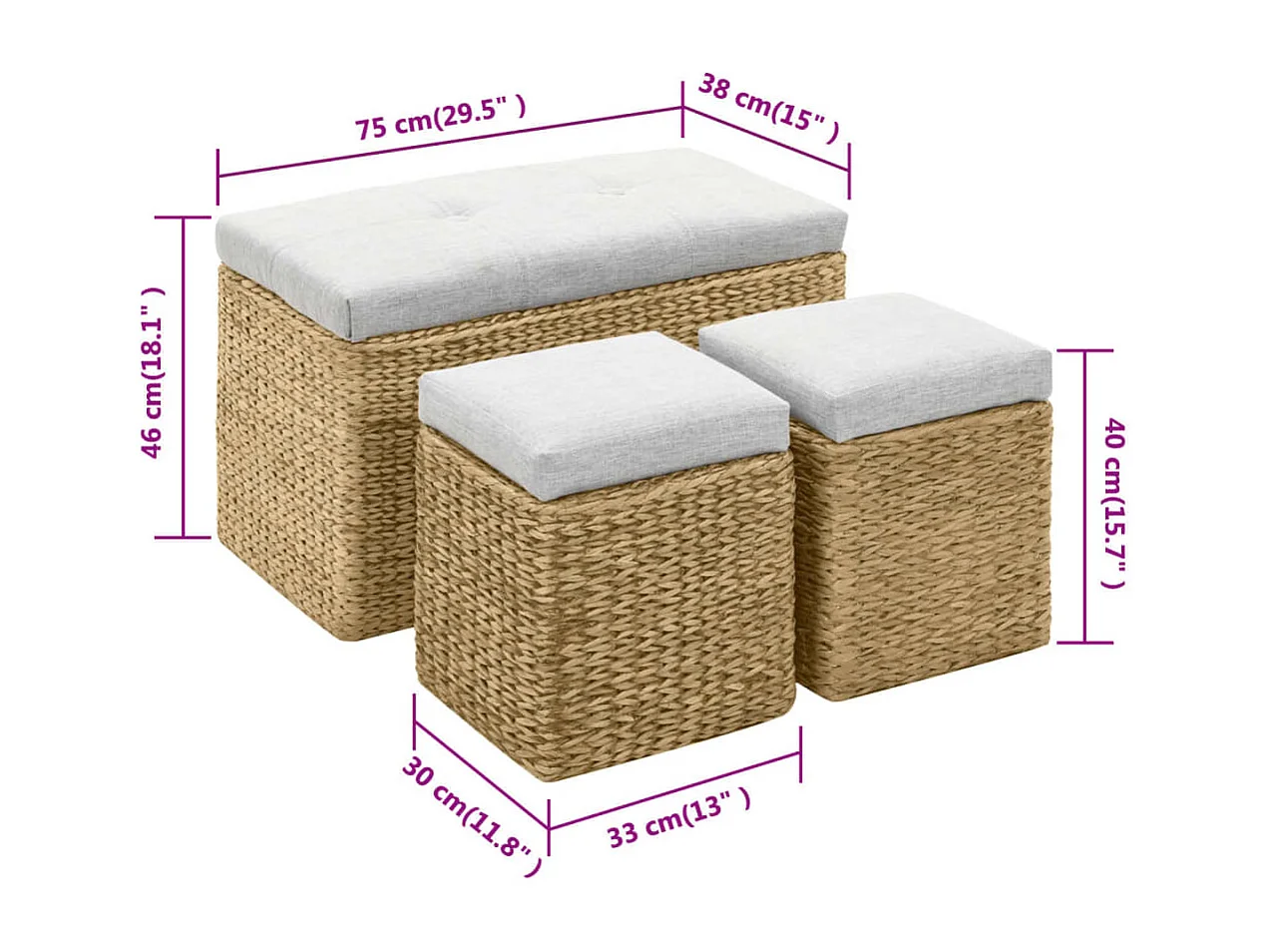 Banc avec 2 poufs Jacinthe d'eau Gris