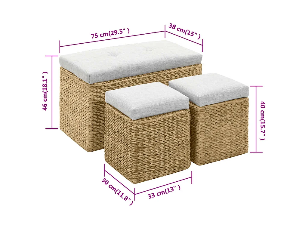 Banc avec 2 poufs Jacinthe d'eau Gris