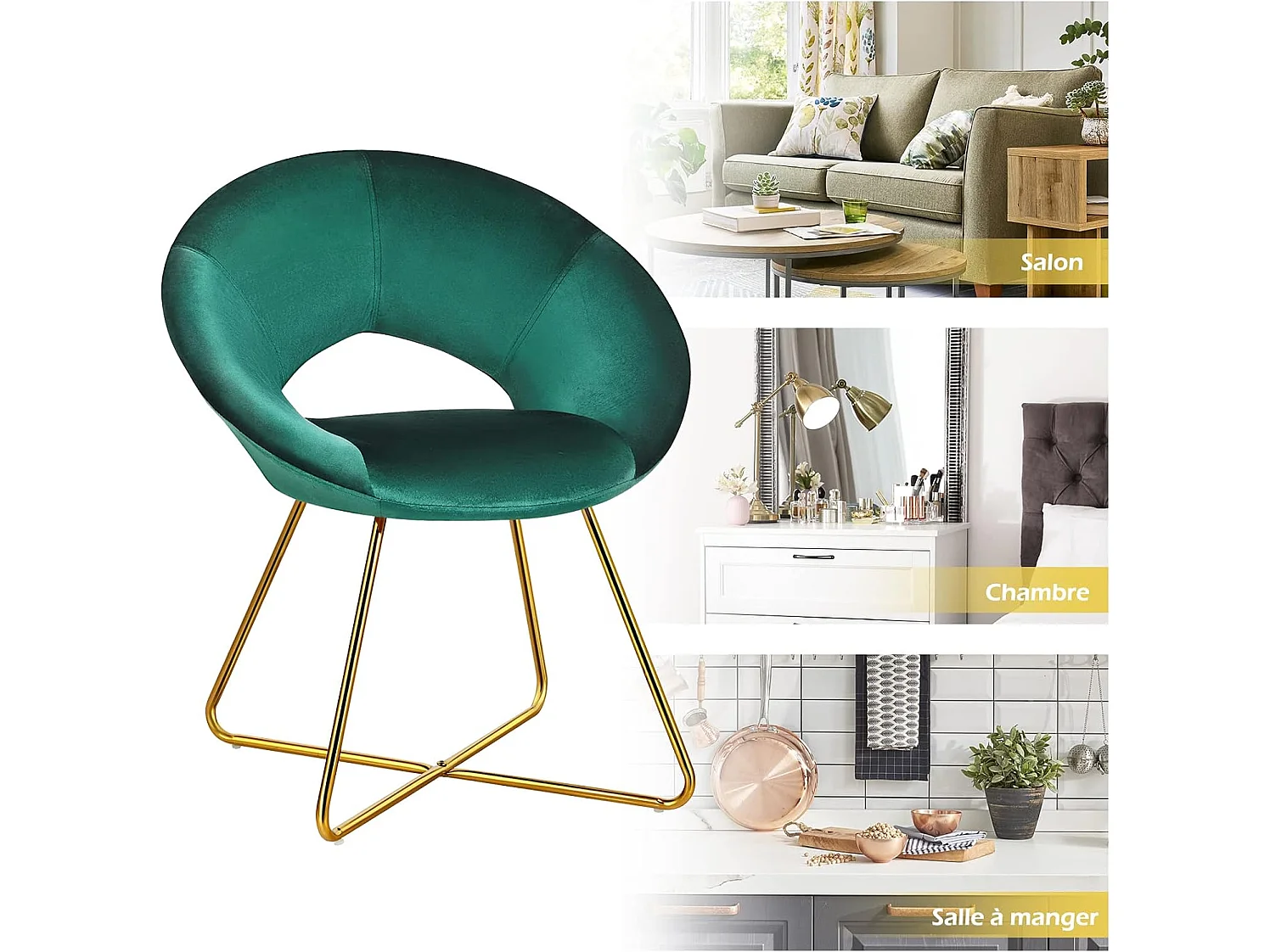 Chaise de Salle à Manger, Fauteuil en Velours Pieds en Métal Doré Style Scandinave Moderne (Vert Foncé)