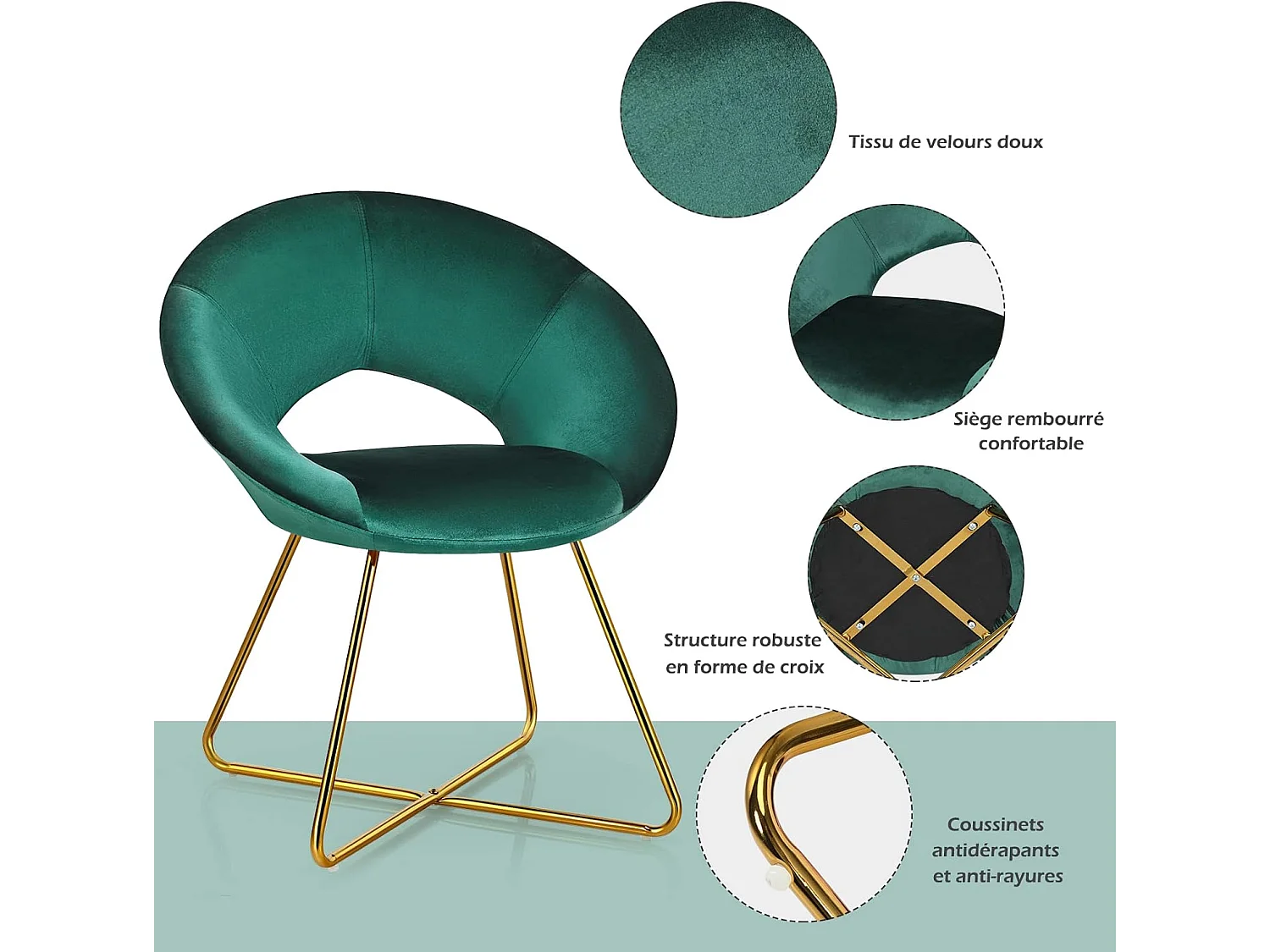 Chaise de Salle à Manger, Fauteuil en Velours Pieds en Métal Doré Style Scandinave Moderne (Vert Foncé)