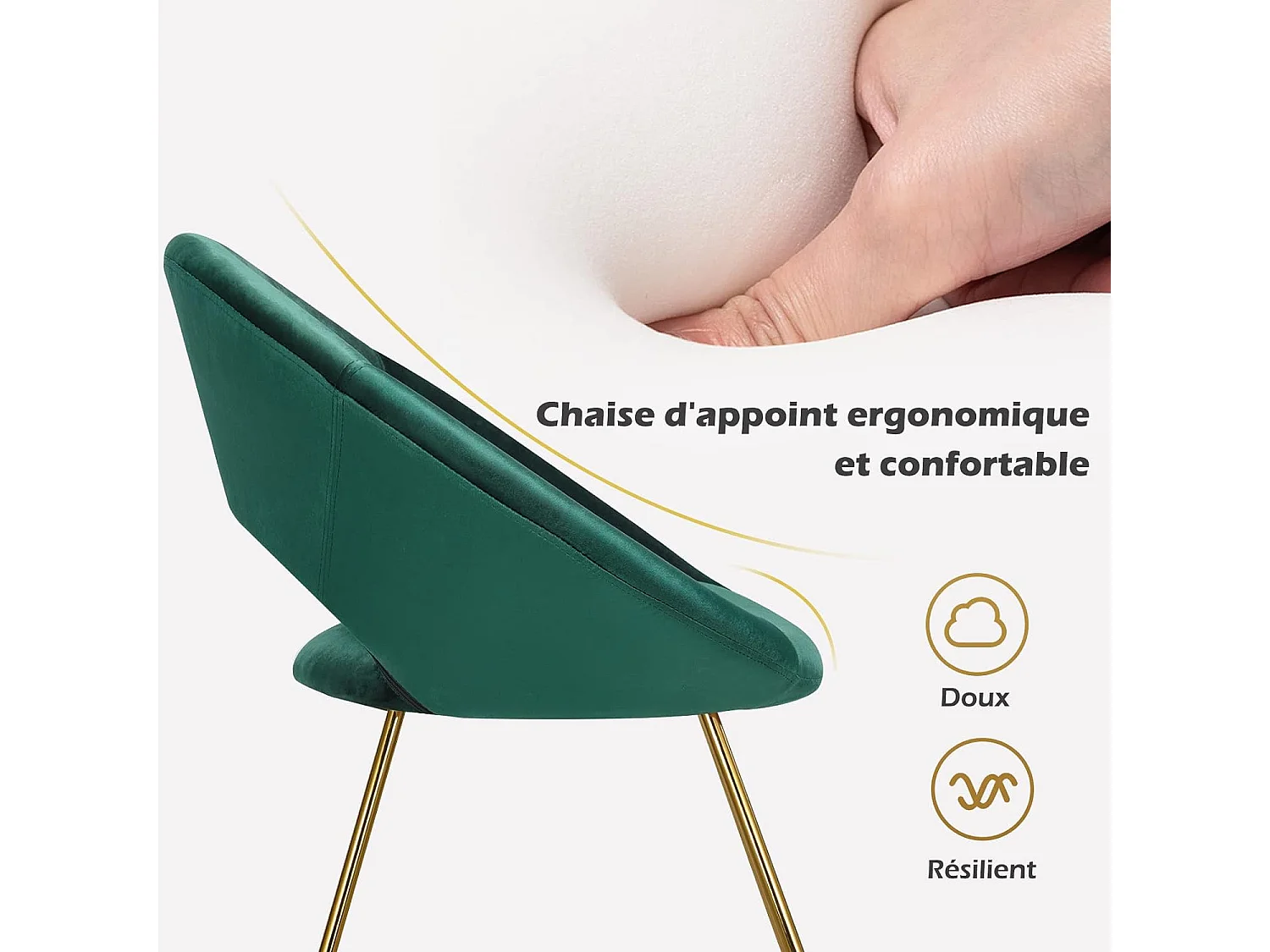 Chaise de Salle à Manger, Fauteuil en Velours Pieds en Métal Doré Style Scandinave Moderne (Vert Foncé)