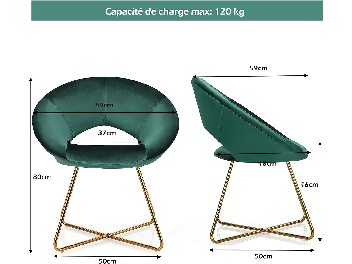 Chaise de Salle à Manger, Fauteuil en Velours Pieds en Métal Doré Style Scandinave Moderne (Vert Foncé)