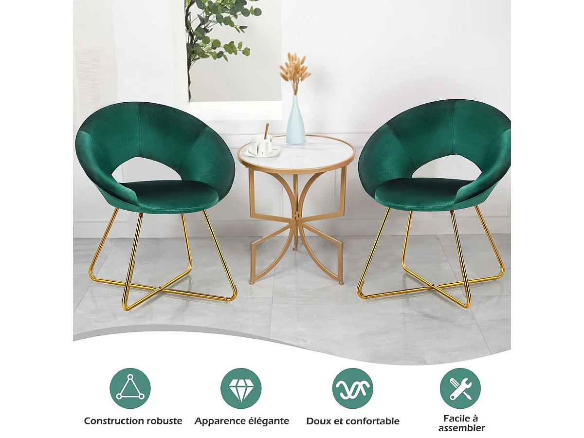Chaise de Salle à Manger, Fauteuil en Velours Pieds en Métal Doré Style Scandinave Moderne (Vert Foncé)