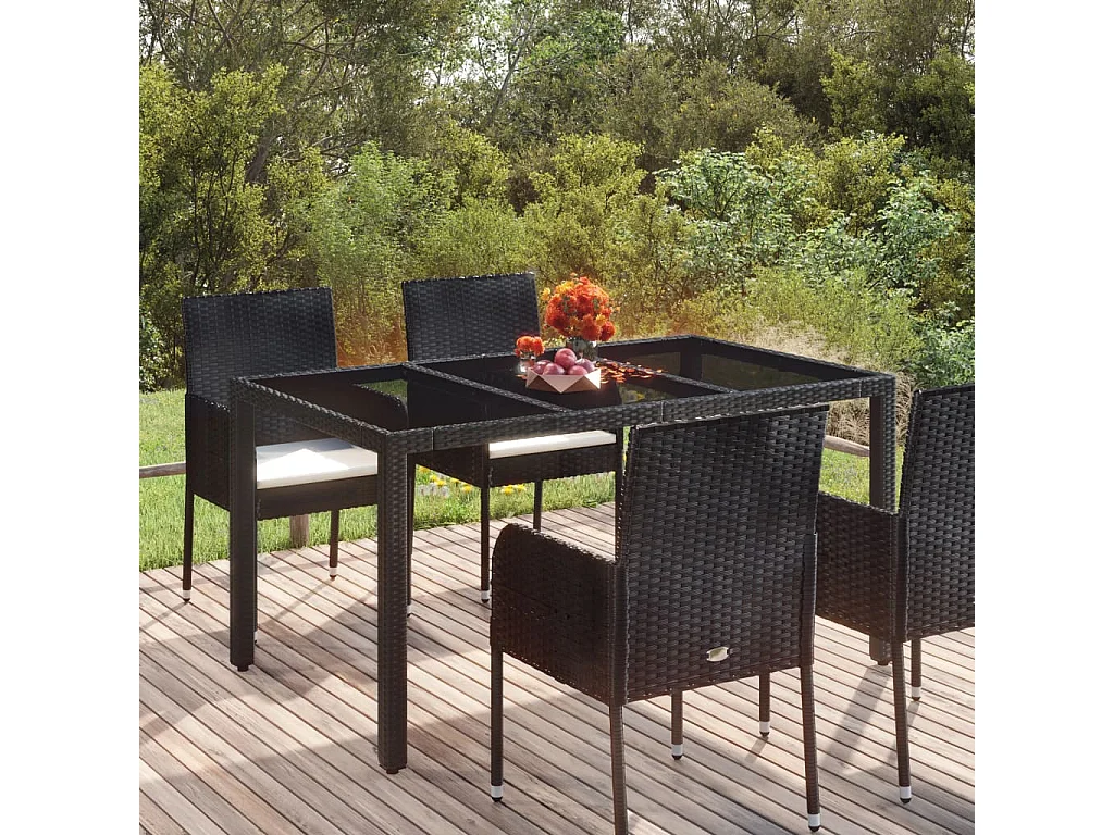 Tuintafel met glazen blad 150x90x75 cm poly rattan zwart