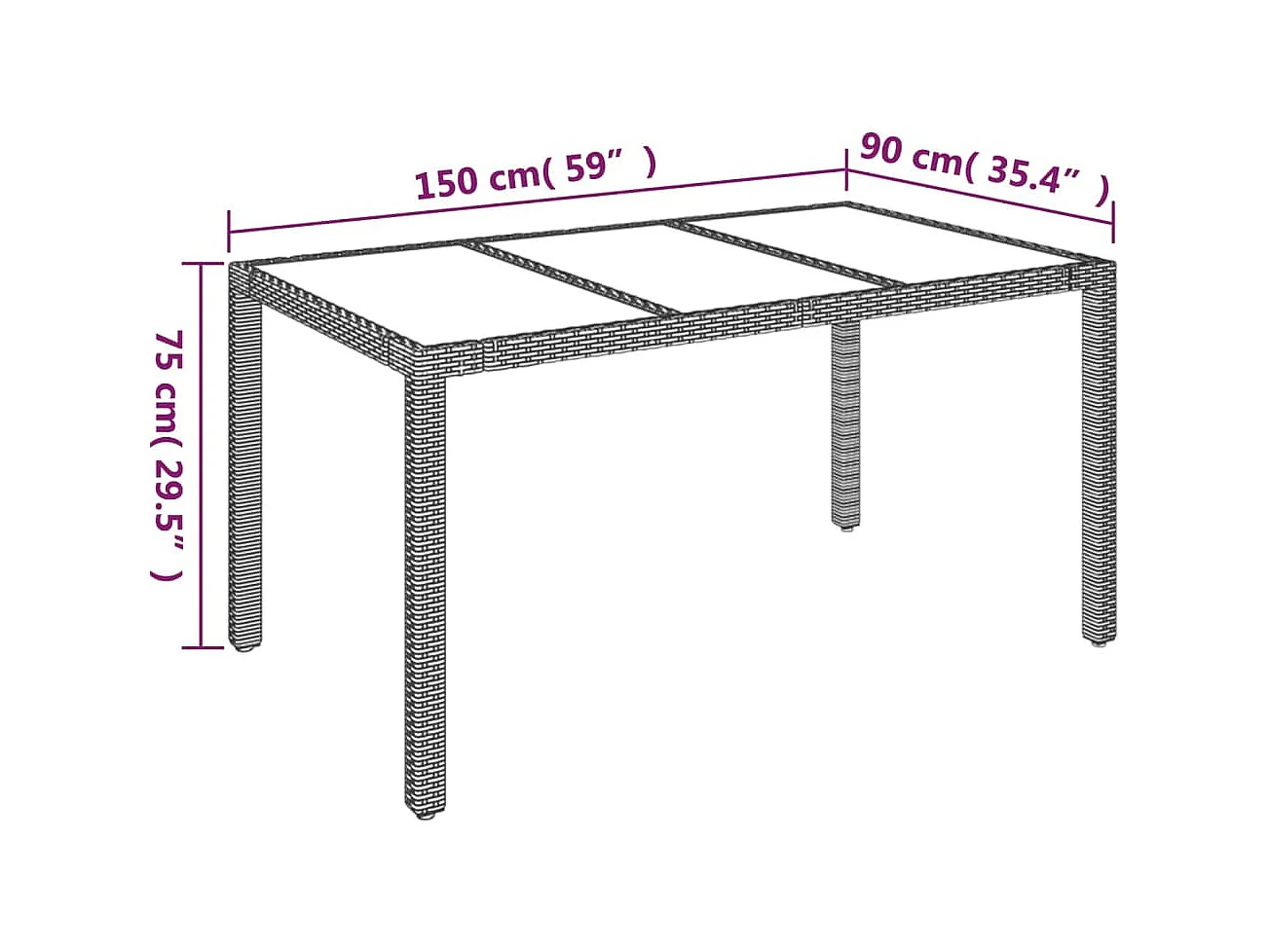 Tuintafel met glazen blad 150x90x75 cm poly rattan zwart