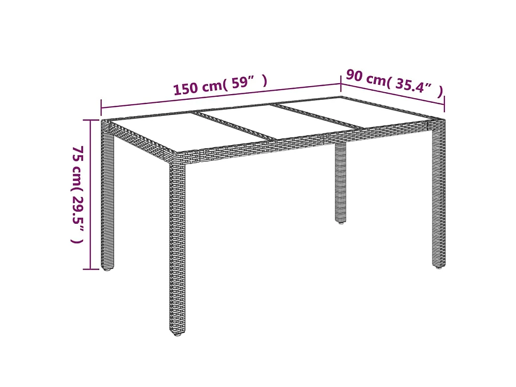 Table de jardin dessus en verre Noir 150x90x75cm Résine tressée