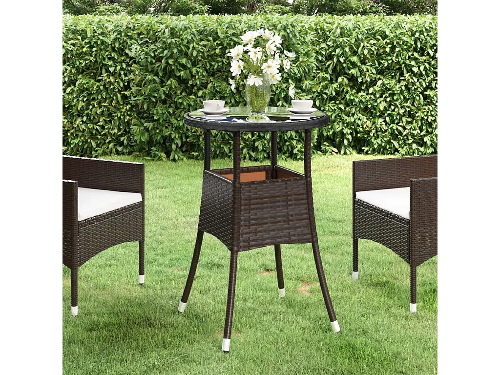 Tuintafel Ø60x75 cm gehard glas en poly rattan bruin
