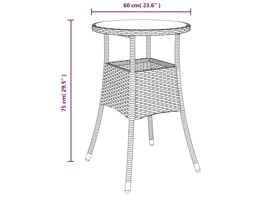 Tuintafel Ø60x75 cm gehard glas en poly rattan bruin