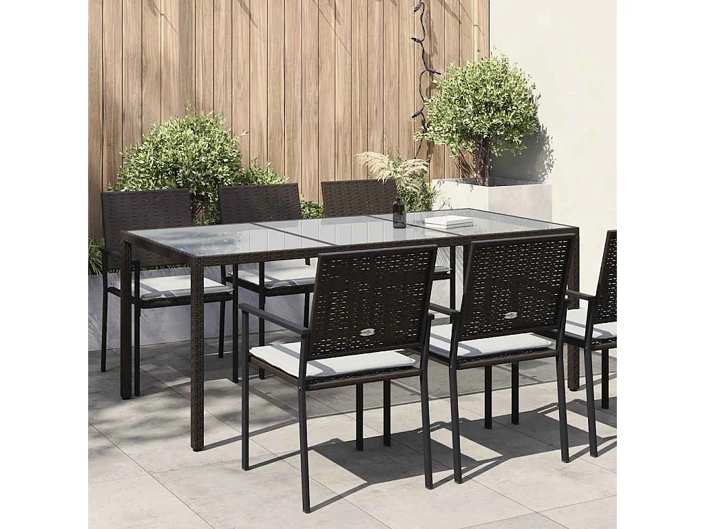 Tuintafel 190x90x75 cm gehard glas en poly rattan bruin