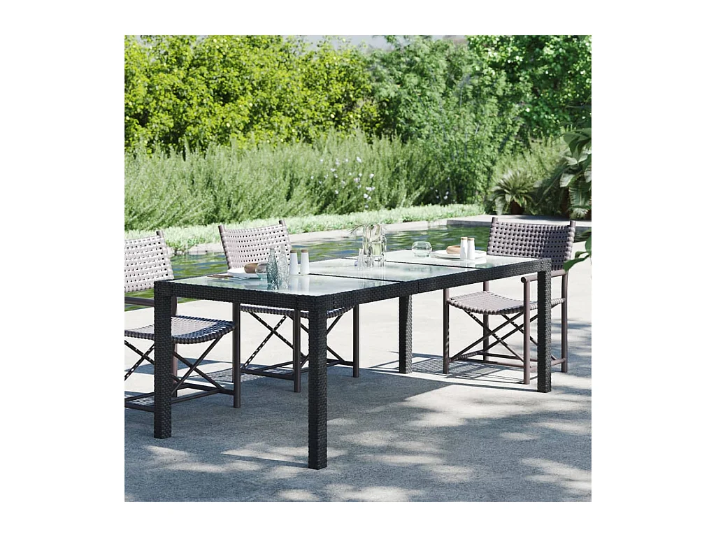 Table de jardin Noir 190x90x75 cm Verre trempé/résine tressée