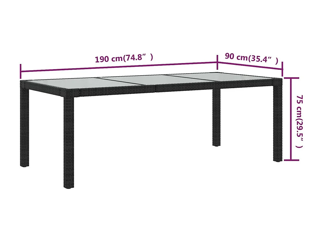 Table de jardin Noir 190x90x75 cm Verre trempé/résine tressée
