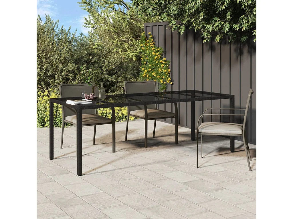 Tuintafel 250x100x75 cm gehard glas en poly rattan zwart