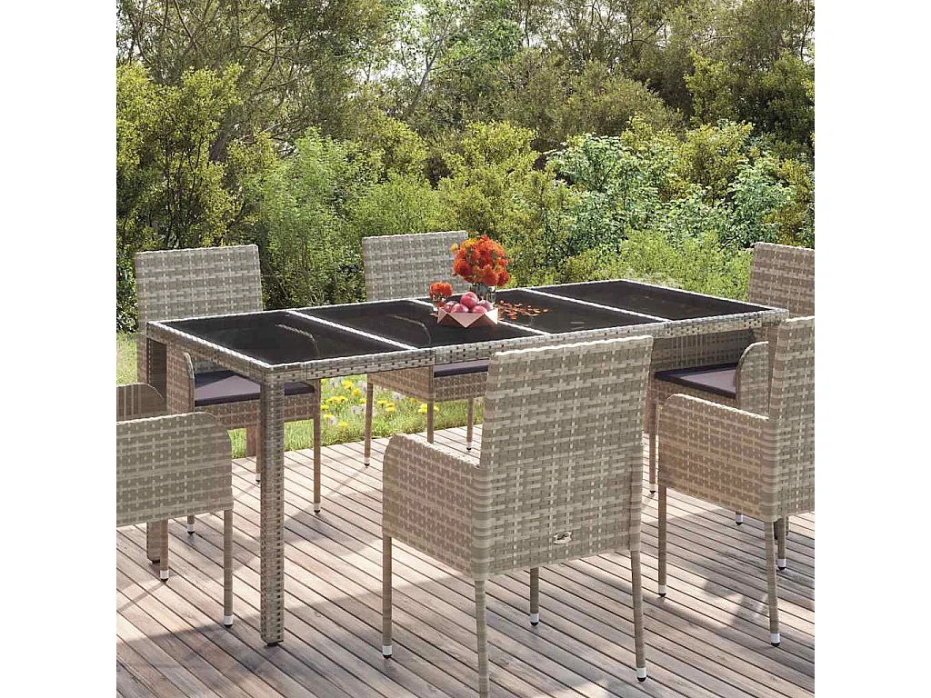 Mesa de jardim com tampo de vidro 190x90x75 cm vime PE cinza