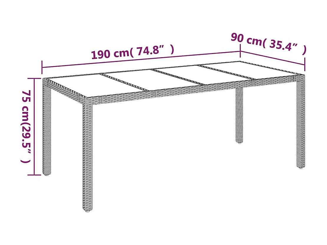Mesa de jardim com tampo de vidro 190x90x75 cm vime PE cinza