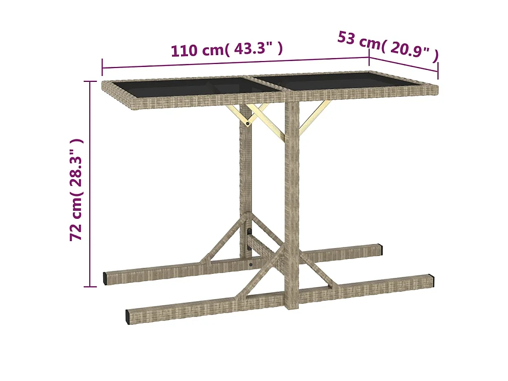 Tuintafel 110x53x72 cm glas en poly rattan beige