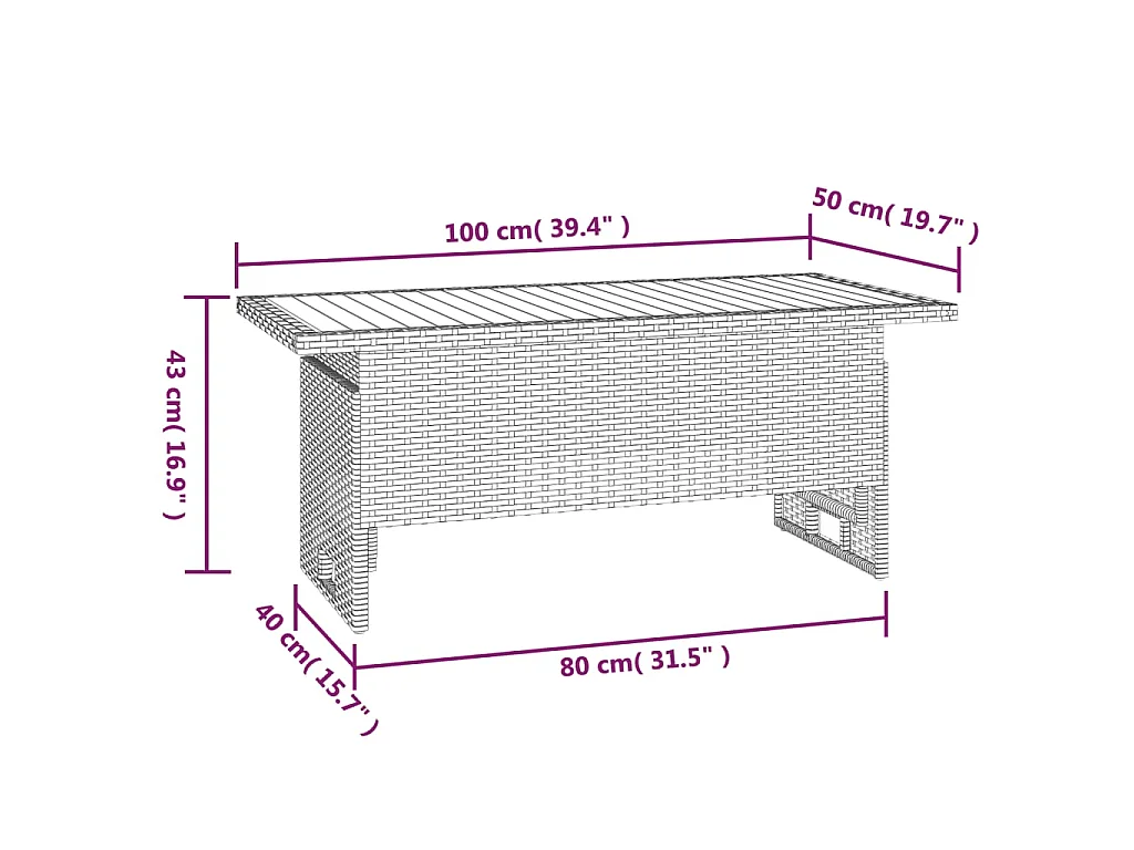 Tuintafel 100x50x43/63 cm acaciahout en poly rattan zwart