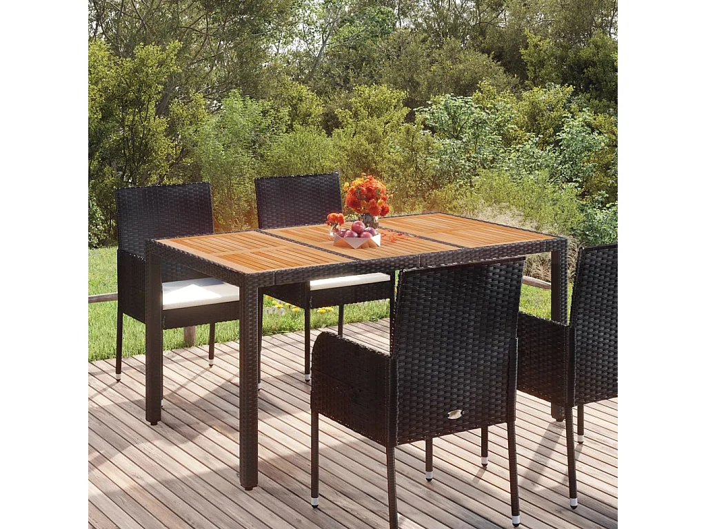 Tuintafel met houten blad 150x90x75 cm poly rattan zwart